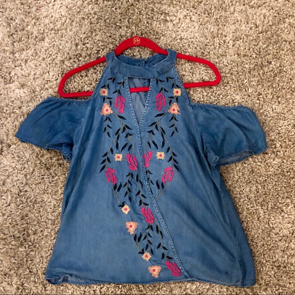 Denim floral embroidered shirt